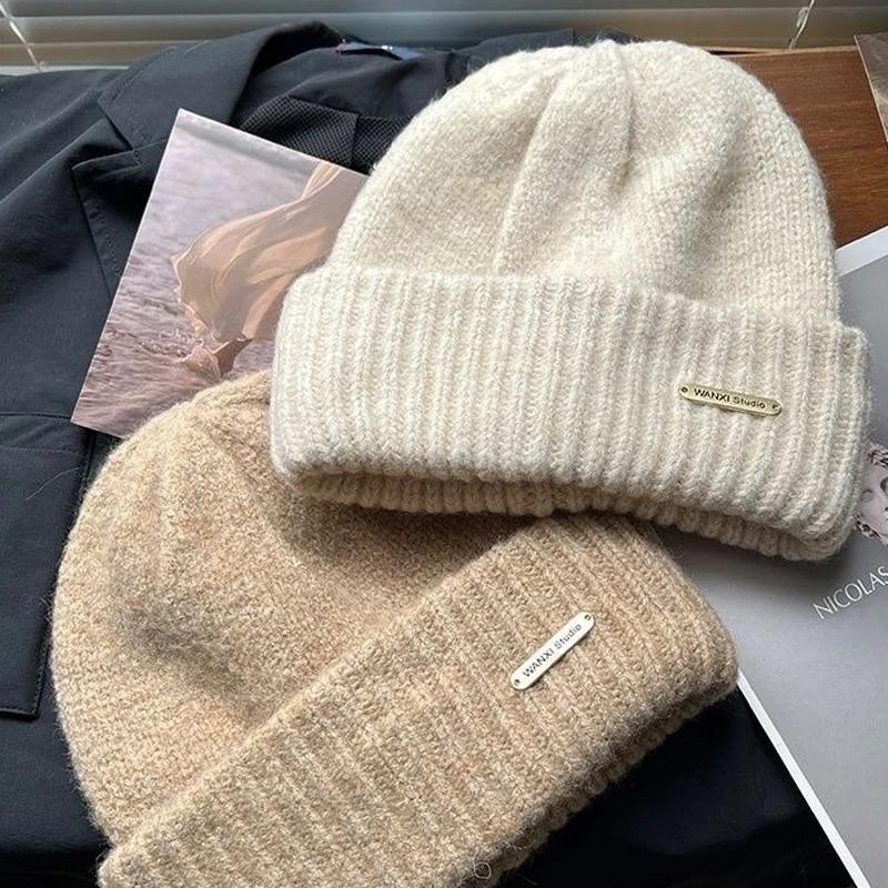 Knitted Beanie Hat Women Soft Warm Hand Crochet Bonnet Caps Solid Color Thick Winter for Girl Thermal Ear Protection Outdoor Hat
