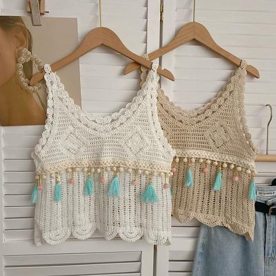 Retro Tassel Sleeveless Knitted Vest Women Summer New Slim Vacation Short Clothing Casual Hollow Out Suspender Tops