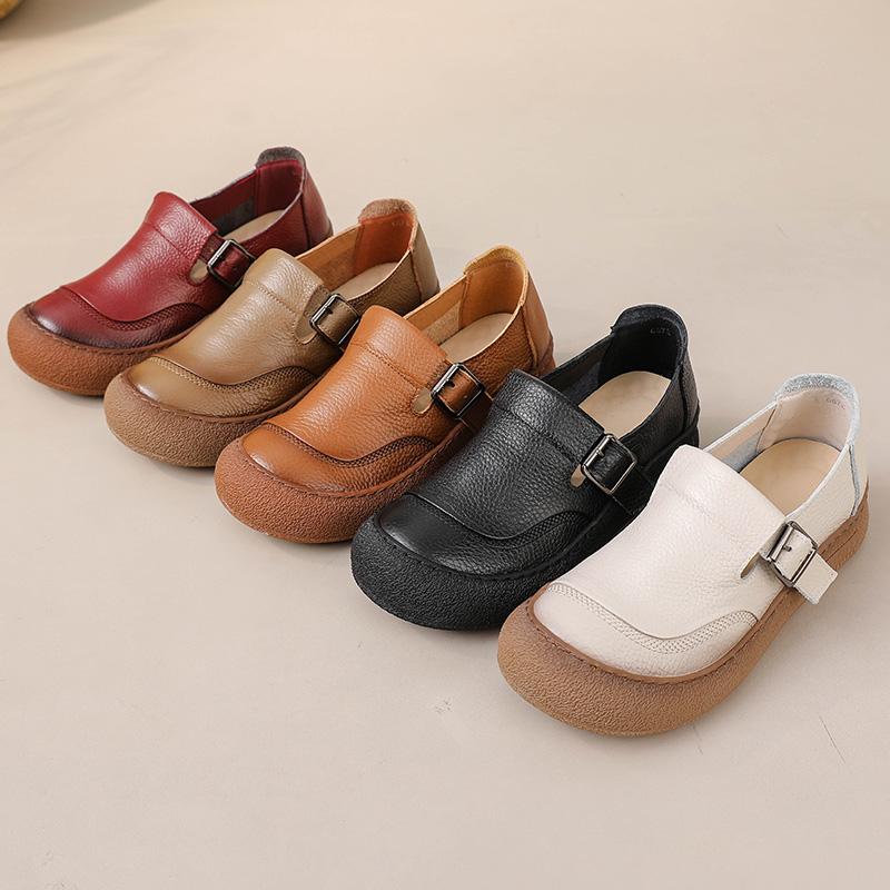 Fashion Original Natural Leather Shoes for Women Vintage Comfort Round Toe Buckl Flats Woman Slip On Orthopedic Loafers Ladies Moccasins