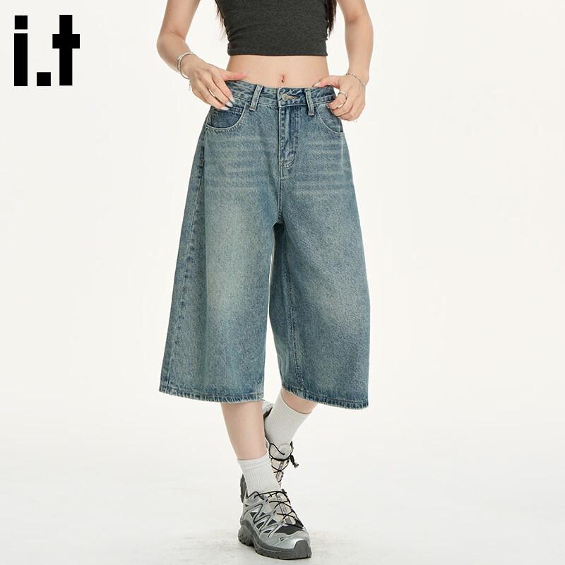 CHOCOOLATEit Women's Washed Wide-Leg Cropped Jeans