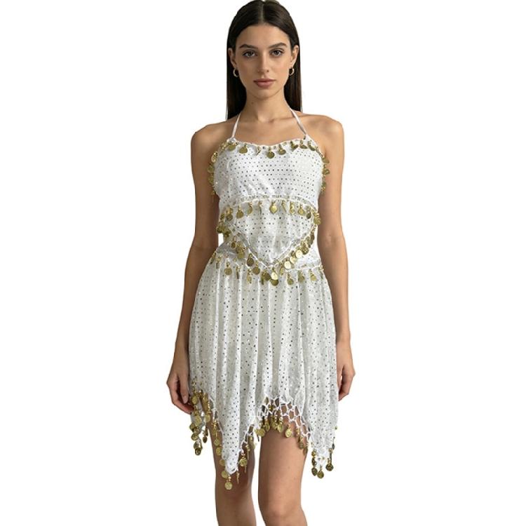 

Сценический костюм для танца живота с вырезом халтер, топ и юбка для профессиональных танцоров, обеспечивающий комфорт и стиль OS белый