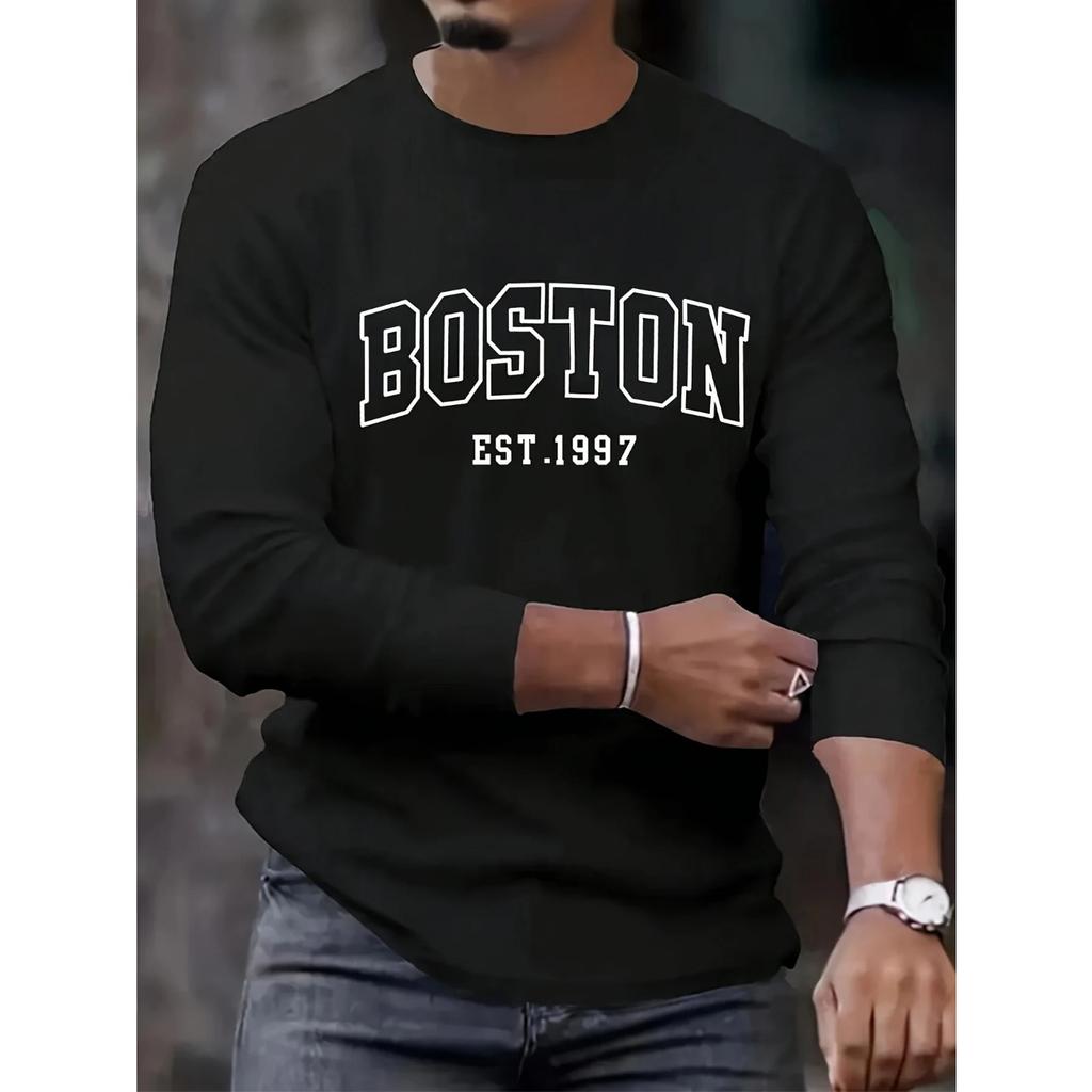 Tavaszi és őszi kerek nyakú 3D Boston betűnyomatos felső, divatos, lezser, hosszú ujjú férfi pólók