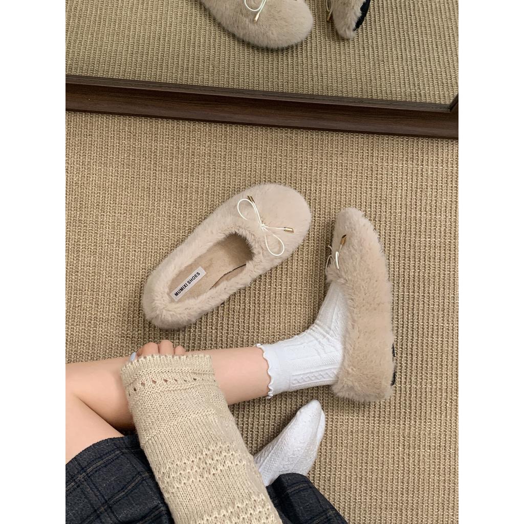 White French Retro Flat-bottomed Fluffy Shoes for Women's Autumn and Winter with Skirts, Soft-soled Shallow-mouth Mary Jane Cotton Shoes