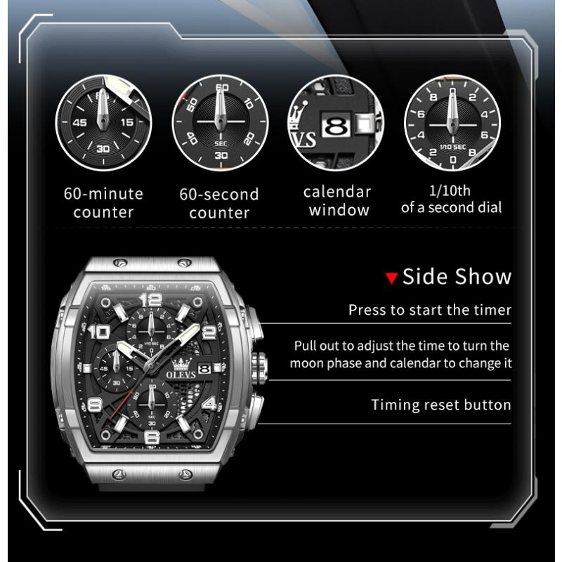 OLEVS Mens Watch Fashion Silicone Strap Tonneau Chronograph Quartz Watch Waterproof Luminous Sports Date Watches Gifts