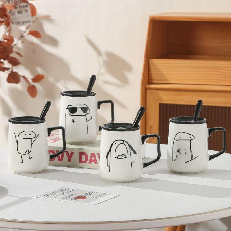 Household Ceramic Cup Korean New Cute Cartoon Abstract Funny Office Coffee Mugs Handle Creative White Simple Couple Water Cup