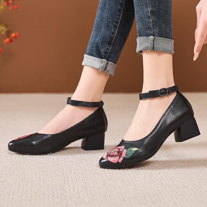 Fashion GKTINOO Handmade 2025 Spring Autumn Comfortable Women Genuine Leather Women's Shoes Pointed Toe Embroidery High Heels Pumps