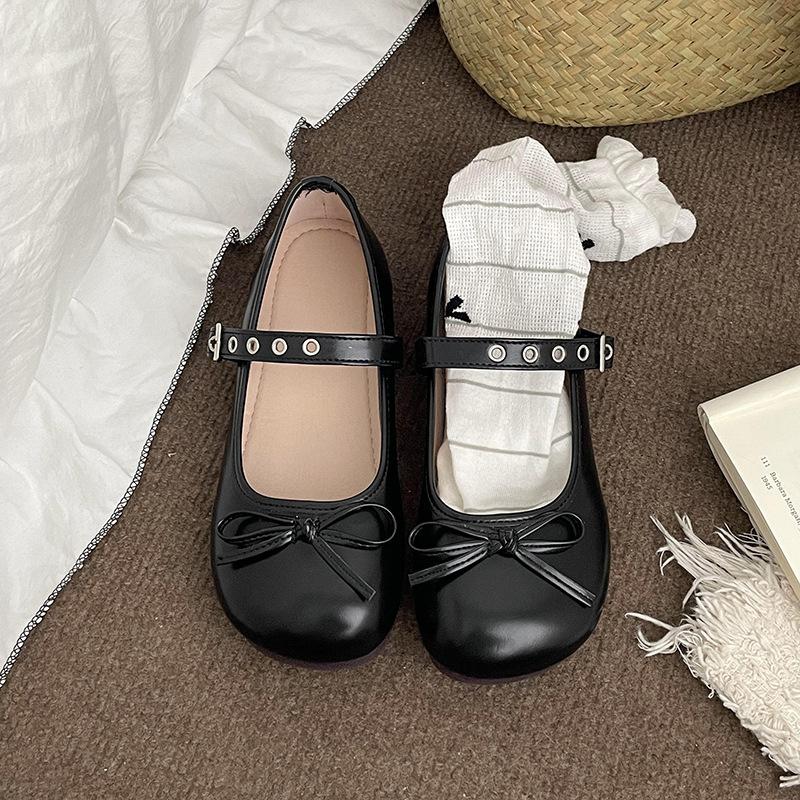 Shallow mouth flat-soled single shoes women's white round head bow Mary Jane shoes