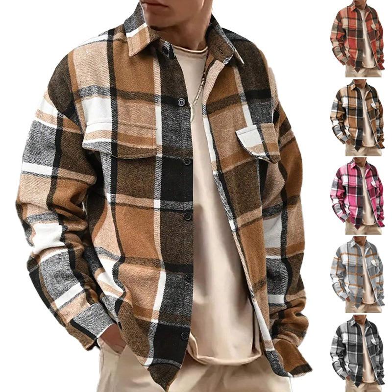 Spring and Autumn New Style Elegant Lapel Checkered Men's Shirt Retro Brushed Casual Long Sleeve Jacket