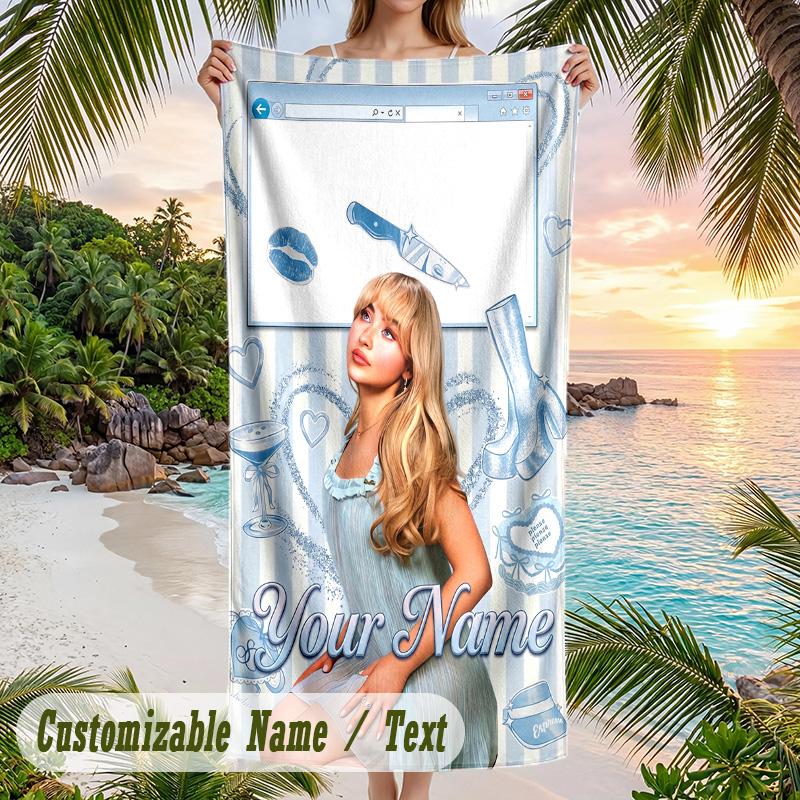 Sabrina Carpenter Beach Towel, Personalized Custom Name Text, Quick Dry Large Absorbent Towel For Beach Pool