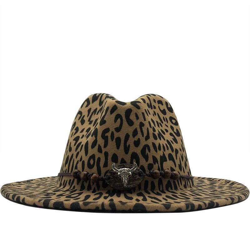 Hot Trend Unisex Flat Brim Wool Felt Jazz Fedora Hats Men Women Leopard Grain Leather Band Decor Trilby Panama Formal Hats 60CM