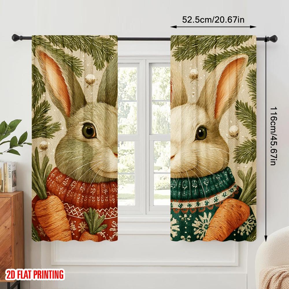 2pcs,2D plane printing Curtains&Window Treatment Rabbit with Pine Branches & Snowflakes Polyester (without rod) Decorations For