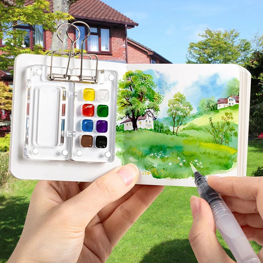 Travel portable painting set mini watercolor paint acrylic box portable ledger sketchbook color palette small drawing board