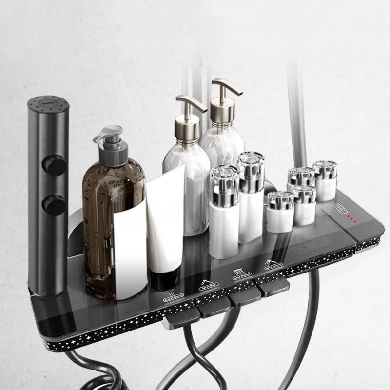 Grey Shower Set Four-Function Smart Digital Display Shower System Rainfall Pressurized Wall-mounted Piano Key Shower Faucet Set