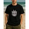 European Size Men's Gray Flame Evil Face T-Shirt - Edgy Dark Personality Print, Cotton Casual Short Sleeve Round Neck Tee with Flame & Mark