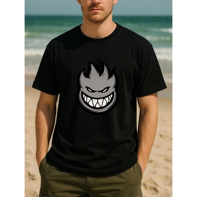 European Size Men's Gray Flame Evil Face T-Shirt - Edgy Dark Personality Print, Cotton Casual Short Sleeve Round Neck Tee with Flame & Mark