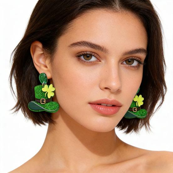 St Patricks Day Earrings Lightweight Acrylic Glitter Shamrock Earrings Sparkly Lucky Clover Dangle Drop Earrings for Women Holiday Party Accessories