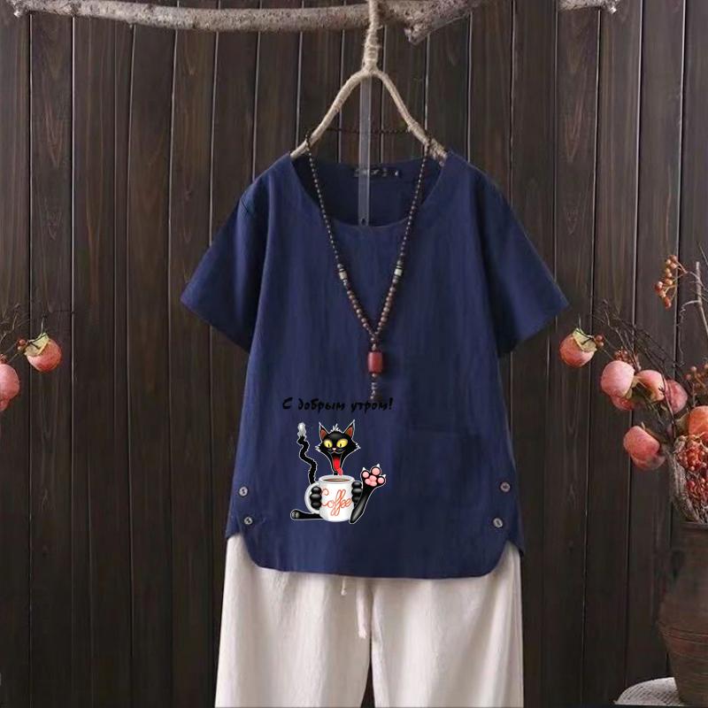 

Женская мода с принтом черного кота, летняя повседневная свободная футболка с коротким рукавом, летняя блузка, топы 4XL темно-синий