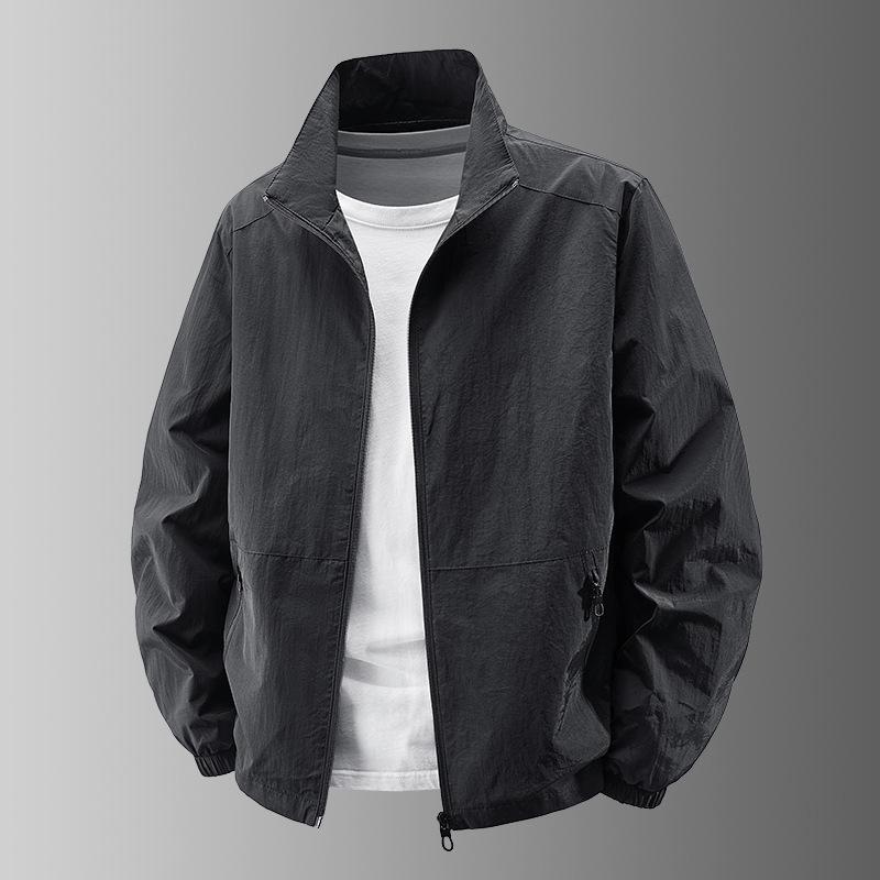 Men's Lightweight Stand-Up Collar Jacket, Multi-Pocket, Loose Fit, Plus Size, Spring/Autumn for Middle-Aged & Elderly.