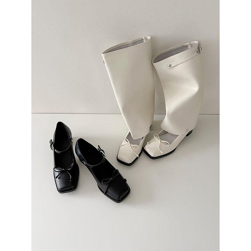

Sheepskin~ niche thick heel 5cm heightening trouser boots women s boots two wear square head hollow bow ballet shoes 40