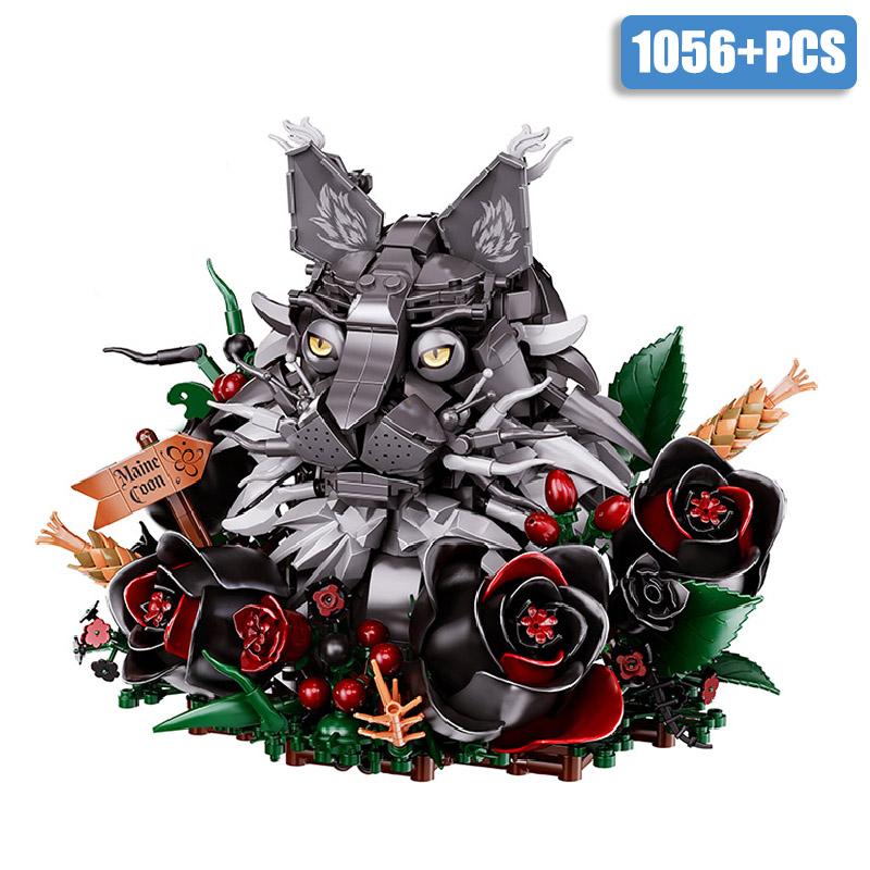 Gotische Maine Coon Kat met Rozenboeket Bouwstenen 1056 stuks MOC Cartoon Dier Model Blokken Speelgoed gray