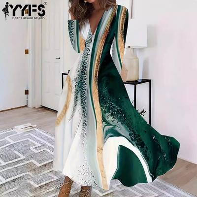 Women's Fashion Spring Fall Colour Block Print Long Sleeve V-Neck High Waist Casual Dresses