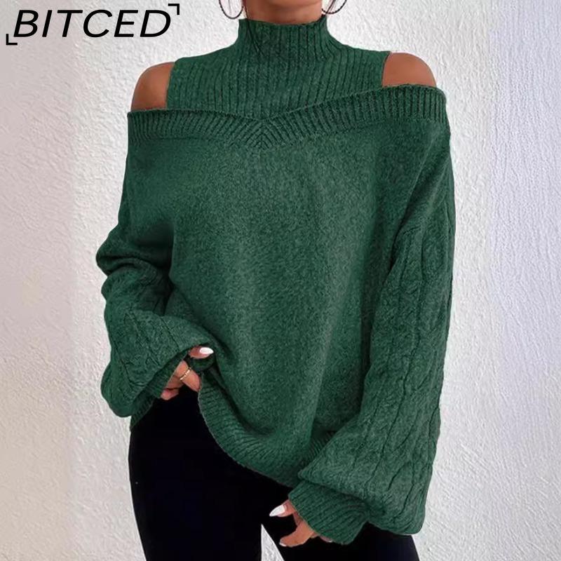 Damen Pullover mit offenen Schultern und halbem Stehkragen für Herbst/Winter - Gestricktes Oversize Top