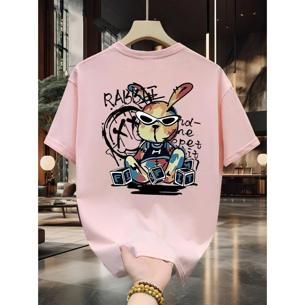 Herren Sommer 100% reine Baumwolle modisch lässig locker schwarzes Kaninchen Cartoon Muster bedruckt Rundhals Kurzarm T-Shirt Top