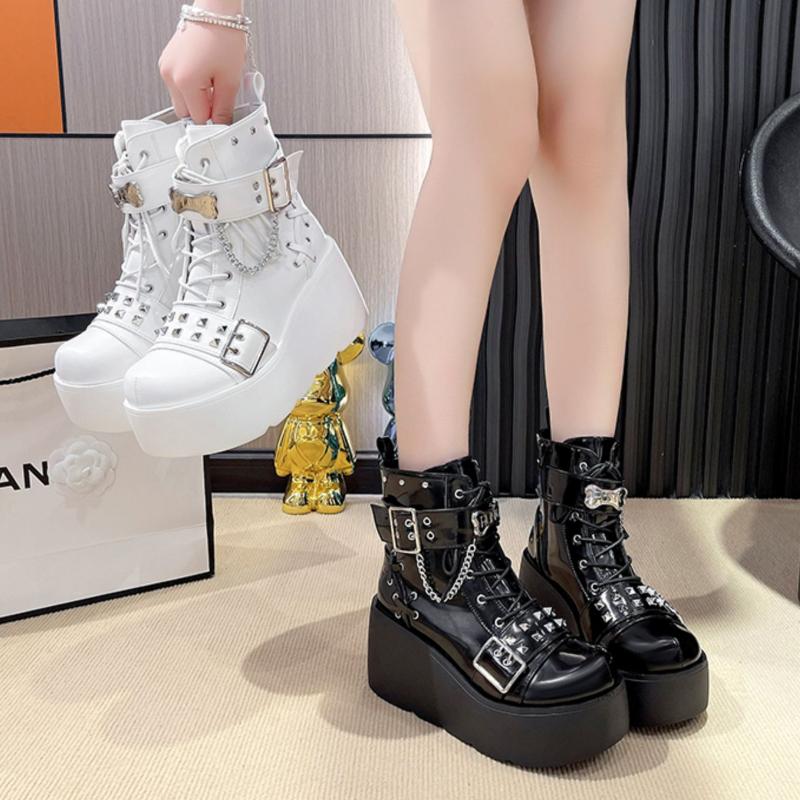 2025 Autumn Winter Black Gothic Platform Boots Women Shoes White Punk Rivets Chain Buckle Belt Wedge High Heels Ankle Booties