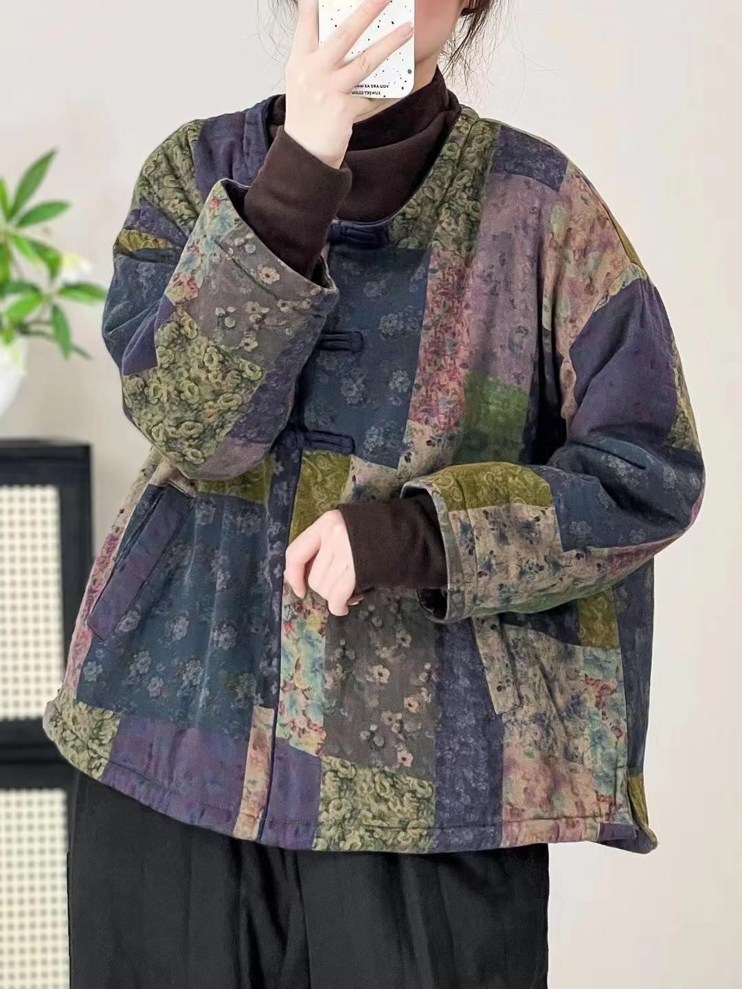 

Johnature Женское зимнее винтажное цветочное принтовое пальто с круглым вырезом и длинными рукавами в китайском стиле One Size