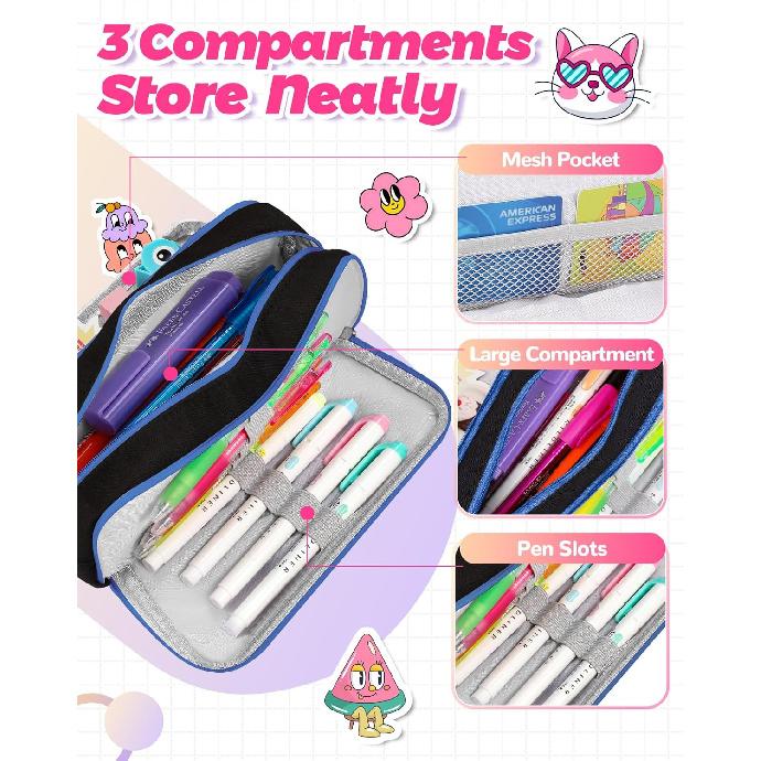 Trendy Fun for Large Pencil Case Big Capacity 3 Compartments Pencil Pouch Cute Cartoon Character Cool Pen Bag with Zipper for Girls Teens Estuche
