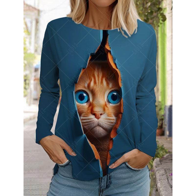 

Spring and Autumn Round Neck Cat Pattern 3D Printed Top Fashionable Casual Long Sleeved Women s T-shirts S