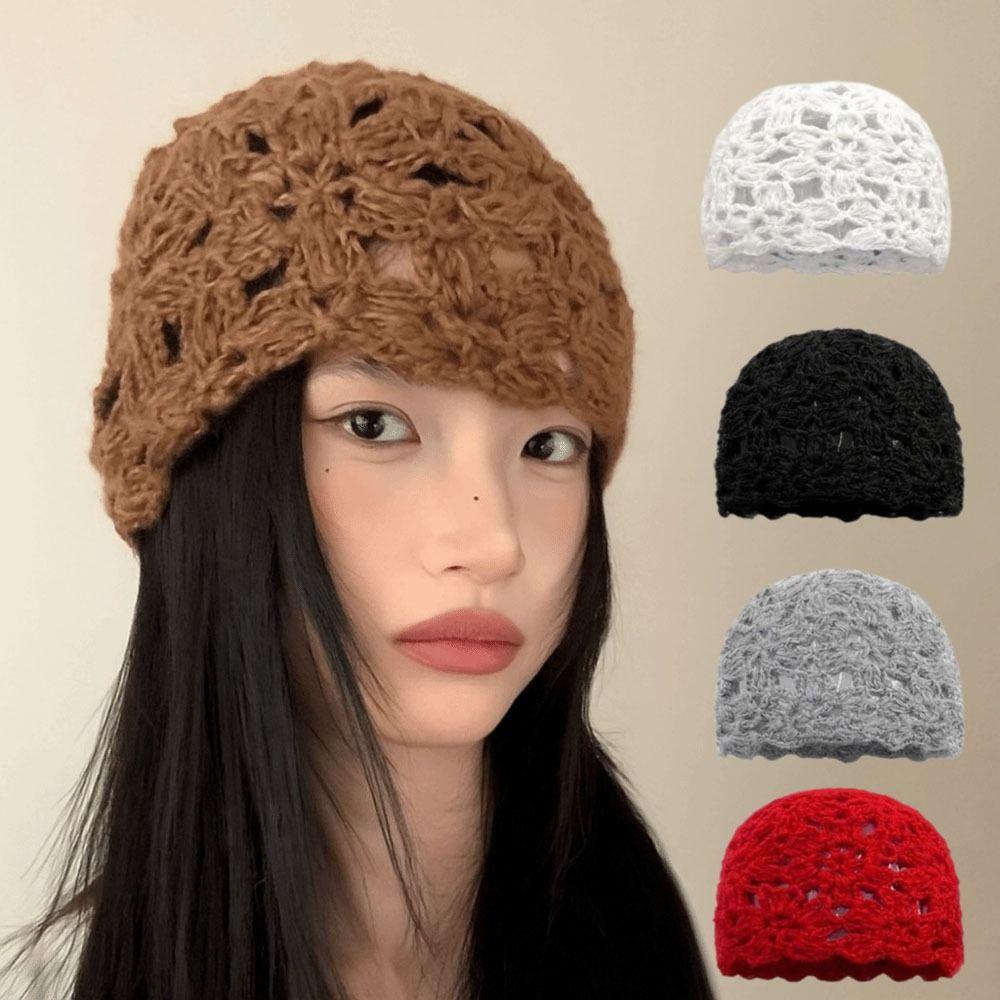 Hollow Knitted Pullover Hat Solid Color Beanies Cap Sweet Crochet Flower Hat  Girls