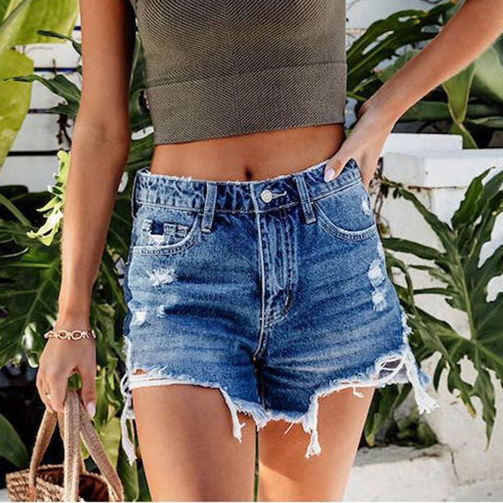 Women's Solid Color Jeans Stretch Slim Fit Distressed Denim Shorts