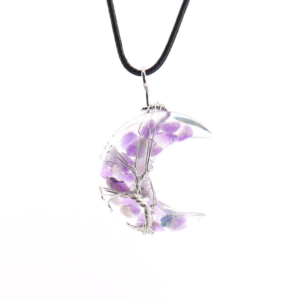 Chakela Crescent Moon Tree of Life Pendant with Natural Crystal Stone and Resin Wrap