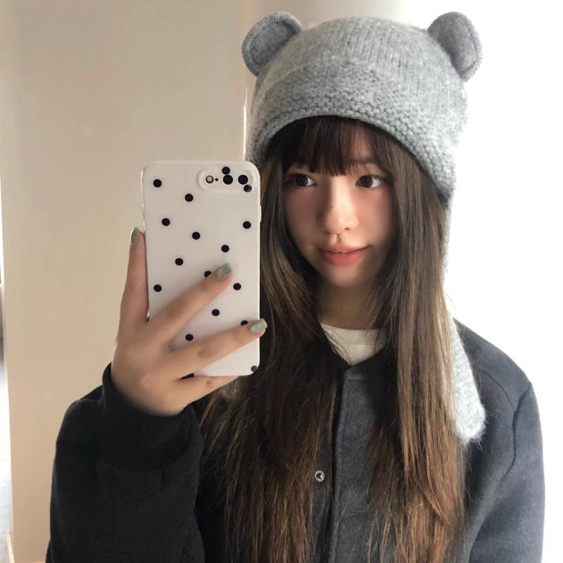 Autumn and winter bear ear knitted hat outdoor cold protection ear protection headgear thickened warm wool bear hat female