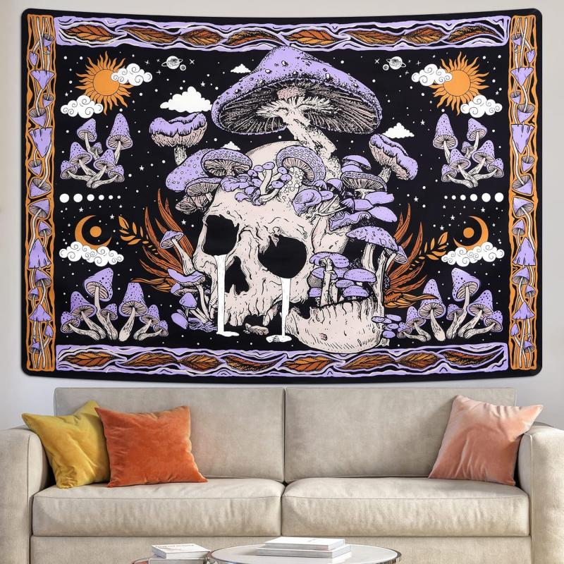 VIKAMA Mushroom Skull Print Tapestry Bohemian Psychedelic Purple Aesthetic Wall Decor Perfect for Bedroom Home Decor