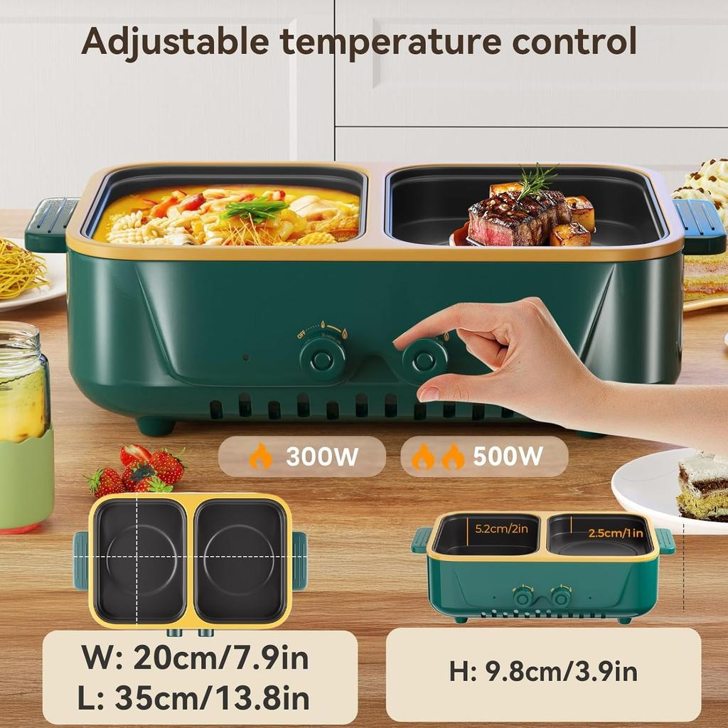 Electric Hot Pot and Grill Combo,Dual Temper Control,Fast Heating - Indoor Cooking Appliance for BBQ,Steaks,Noodles&More-Suitable for Up to 3 People