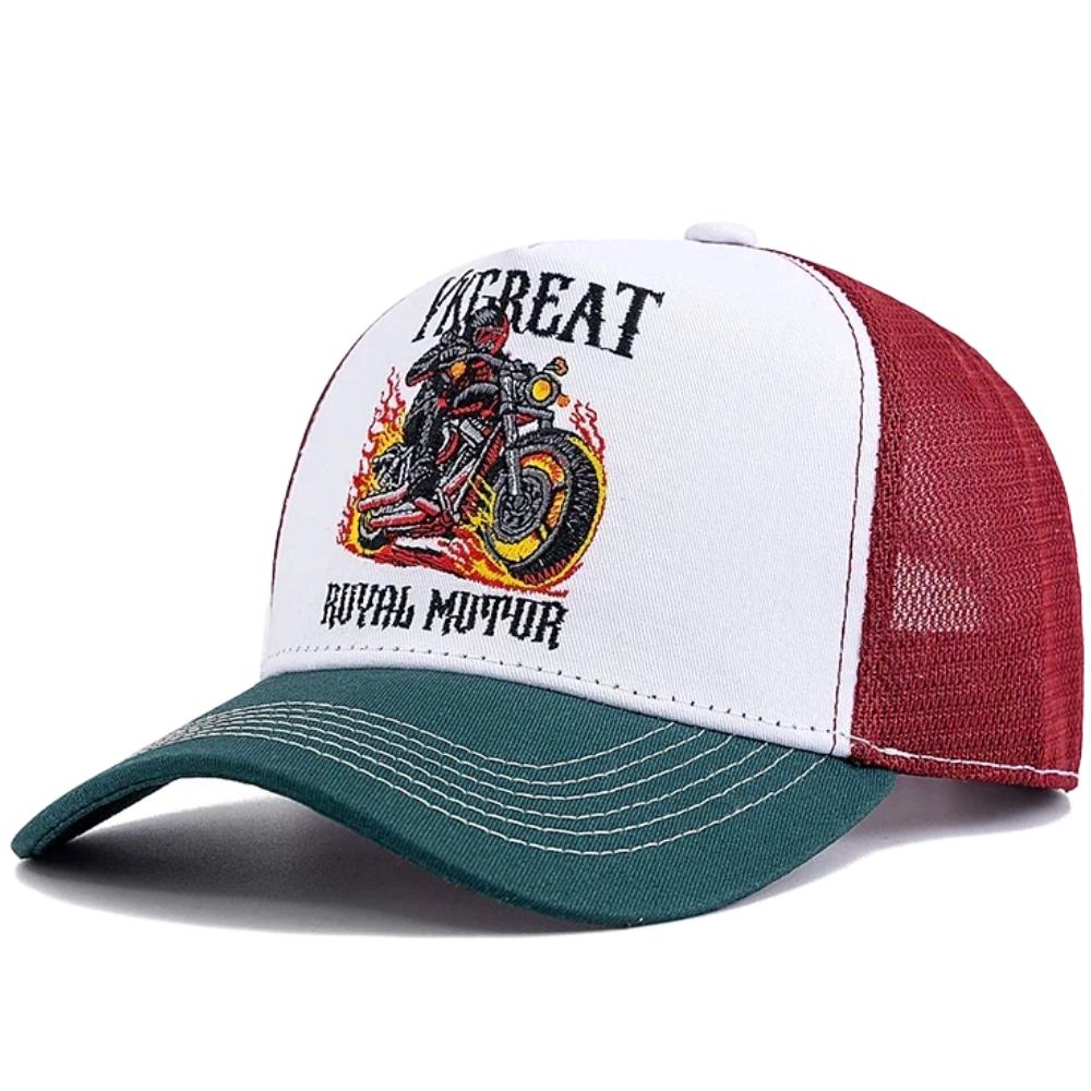 New Motorcycle Embroidered Trucker Hat Flame Biker Patch Baseball Cap For Man Woman Breathable Streetwear Summer Mesh Caps