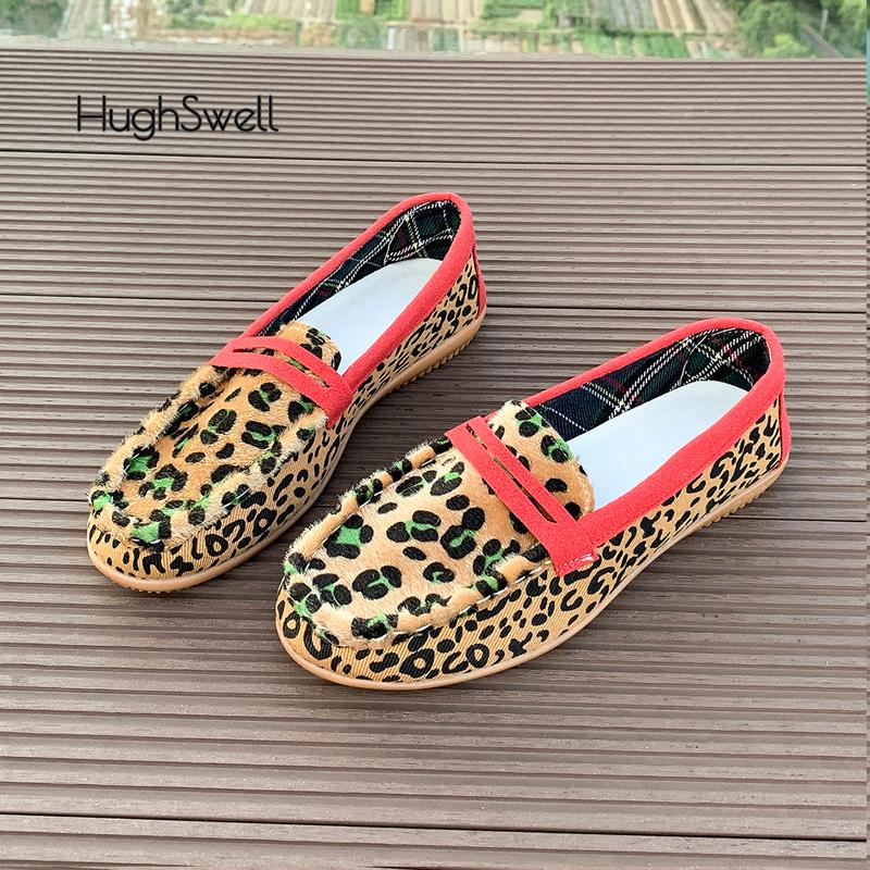 Fashion Pink Leopard Print Moccasins Woman Soft Pebble Sole Loafers Ladies Fashion Horse Hair Slip-on Flat Shoes Plus Size