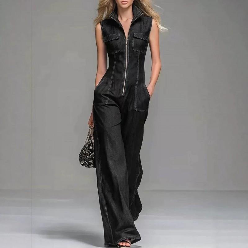 2026 Damen Waschbarer Denim-Jumpsuit Vintage Stehkragen Reißverschluss Ärmellos Gerades Bein