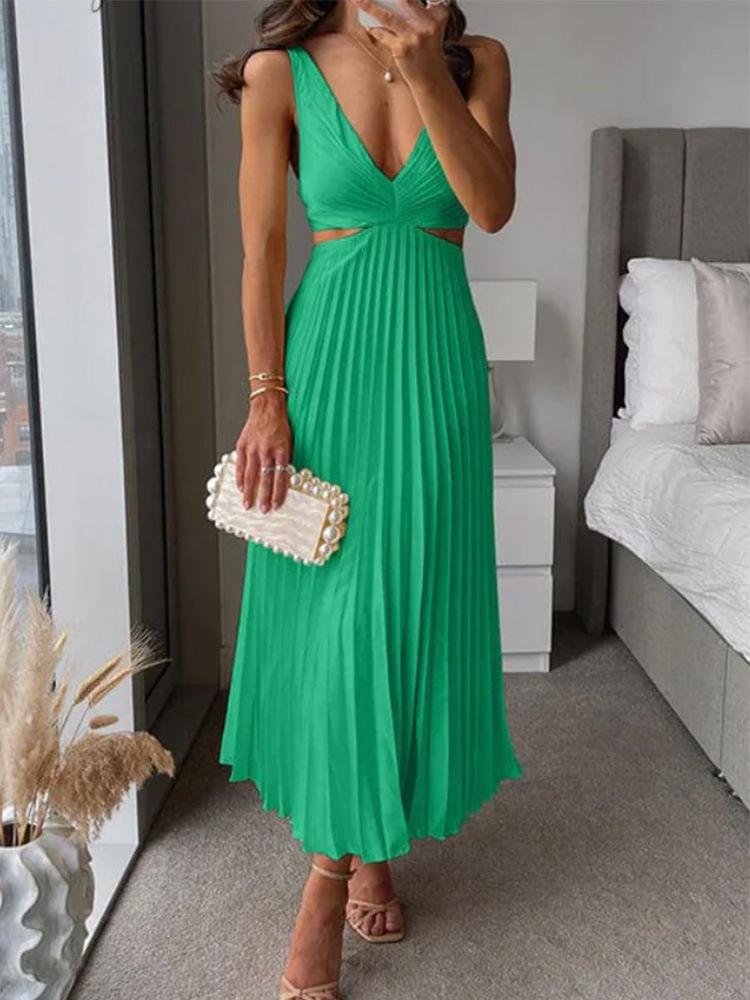 2024 Summer Elegant V-Neck Sleeveless Backless Pleated Dress for Women