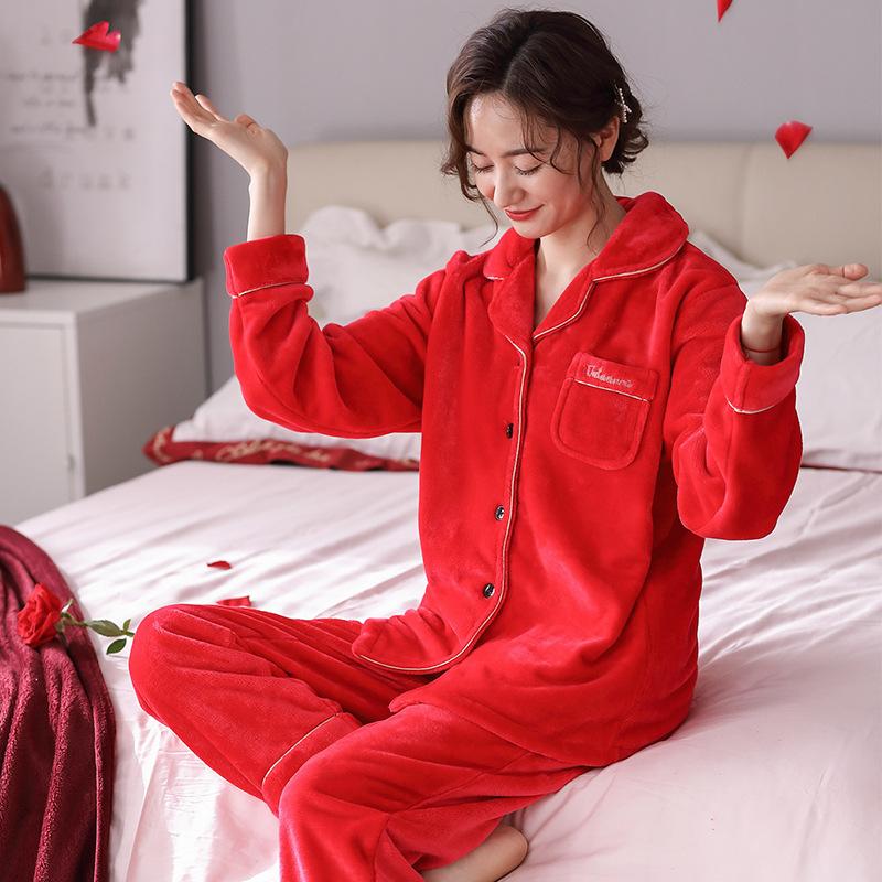 Autumn And Winter Wedding Pajamas Women'S Coral Fleece Fleece Thickened Winter Flannel Red Natal Year Bridal Suit