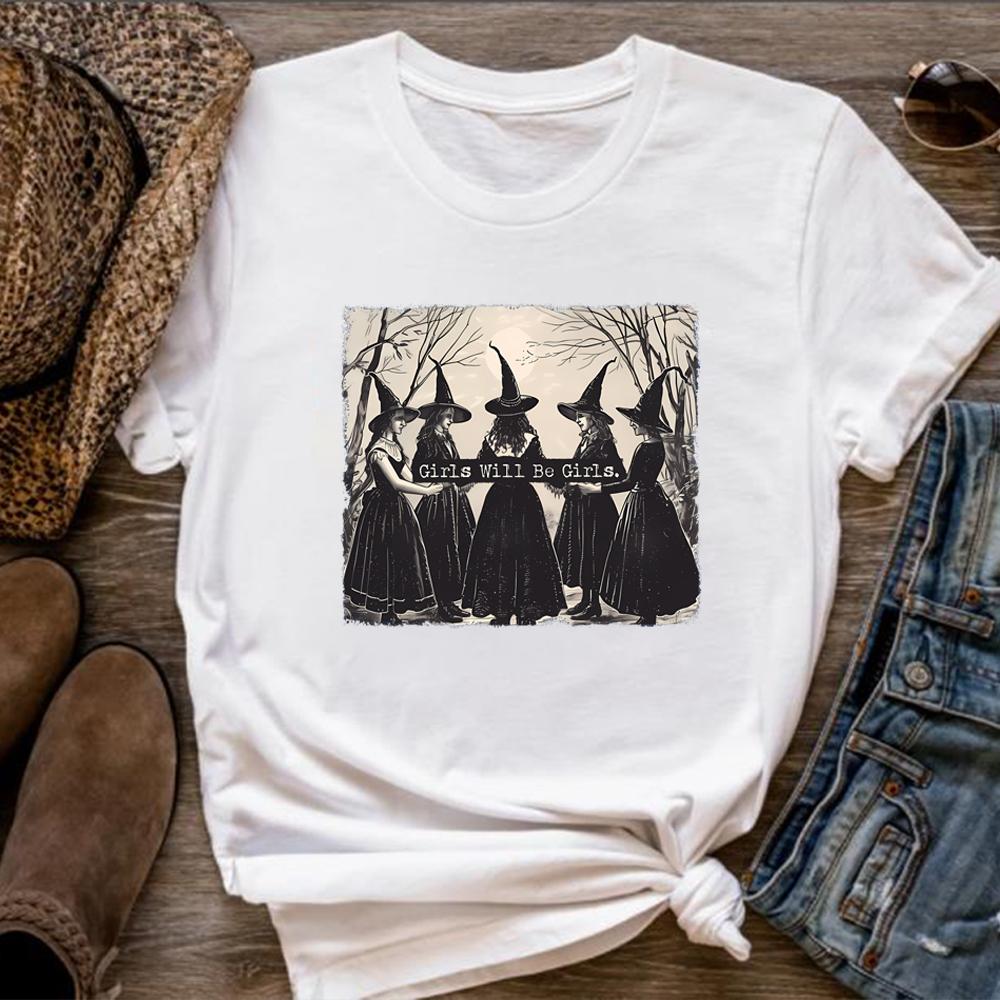 Vintage Girls Will Be Girls Witch Shirt Funny Witch Shirts Tees Halloween Women Clothes Witchy Vibes Graphic T Shirts