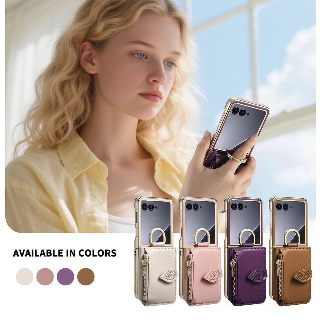Luxury Zipper Leaf Magnetic Ring Holder Mirror Cards Solt Leather Phone case For Motorola Razr 60 50 Ultra Shockproof Cover
