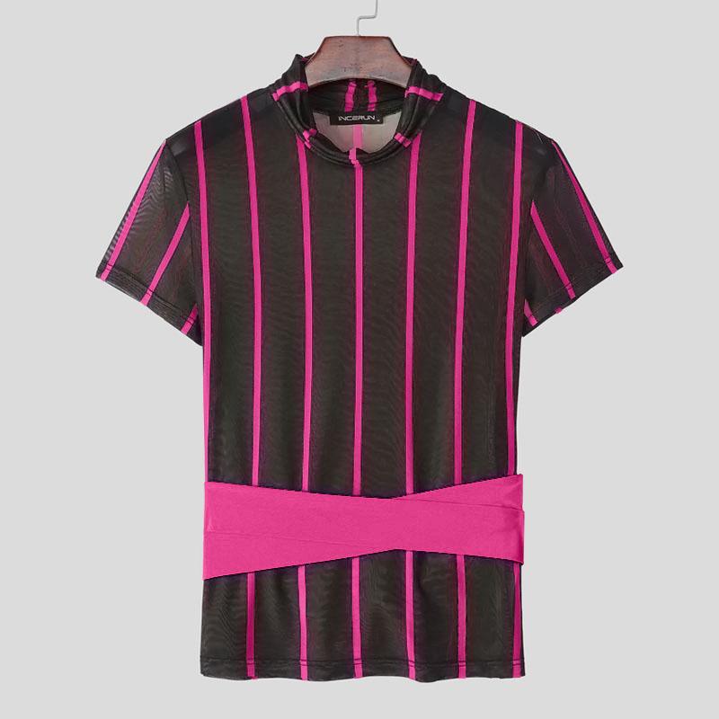 

INCERUN Men Short Sleeve Mesh Sheer Patchwork Striped Party Club T-shirts Tops S