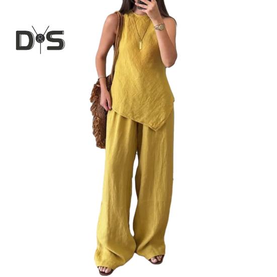 2-teiliges Outfit für Damen mit unregelmäßigem Saum, ärmelloses Oberteil mit Rundhalsausschnitt, Hose mit weitem Bein, Lounge-Set, lässiger Sommer-Trainingsanzug