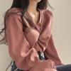 Women Shirt V-Neck Lantern Long Sleeve Pullover Tops Solid Color Knotted Design Regular Fit Tops Daily Wear