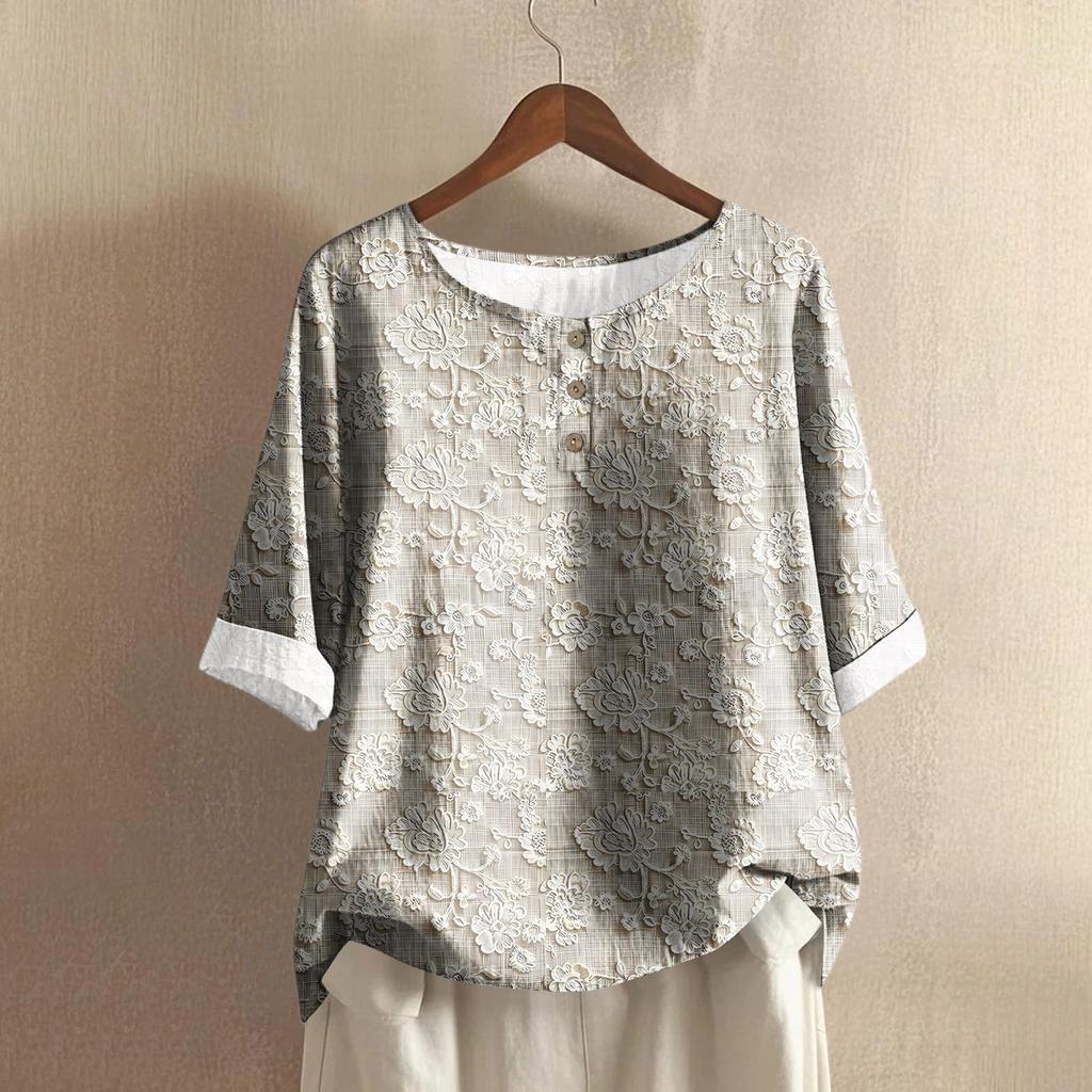 Women's Fashionable And Casual Shirt Half-sleeve Round Neck Print Cotton And Linen Blouse Top