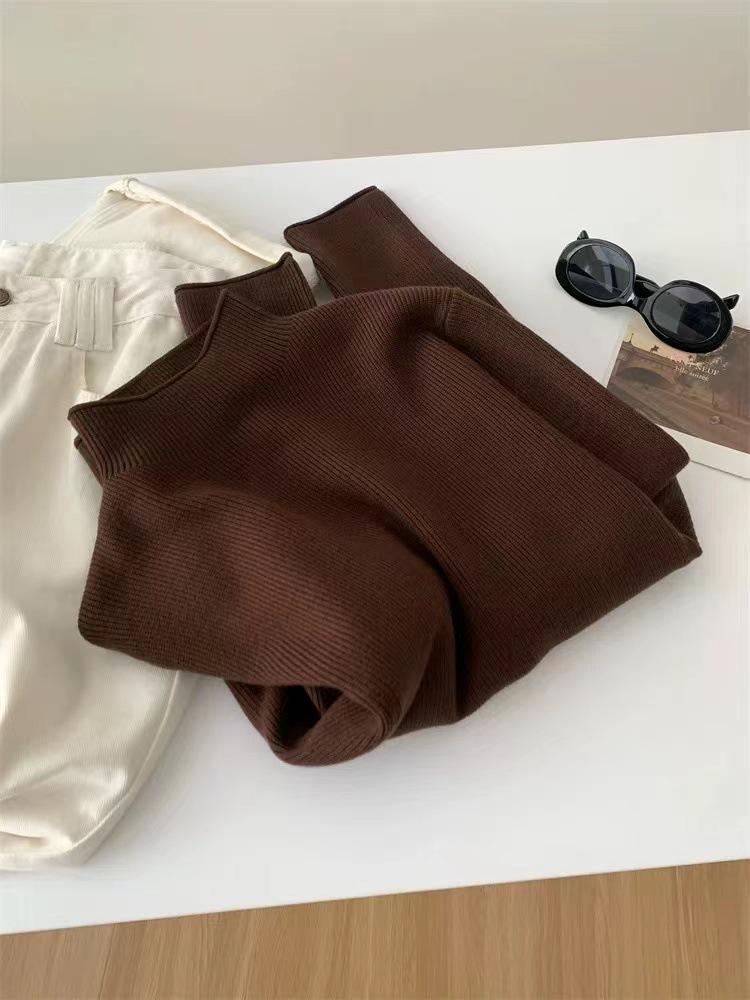 Women's Autumn Winter Warm Ribbed Knit Sweater - Half-High Neck, Rolled Hem, Loose Fit, High-End Feel