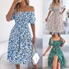 Women's Square Neck Puff Short Sleeve Smocked High Waist Tiered Midi Dress Ditsy Floral A Line Dress